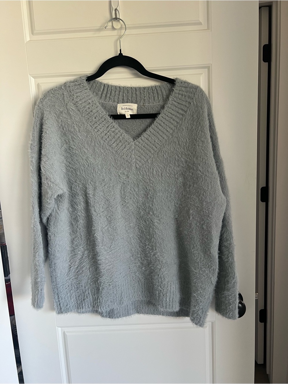 bohme Soft Gray V-Neck Fuzzy Sweater